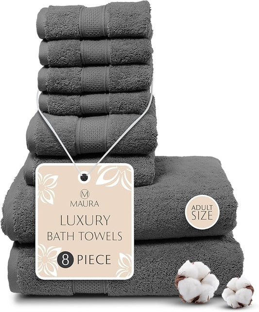 MAURA Grey Bath Towel Set of 8 for Bathroom. Turkish Cotton Luxury Bath Towels. Extra Large, Thick, Plush & Soft. Hotel & Spa Quality - Space Gray