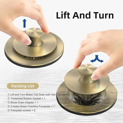 Brushed Gold Bathtub Drain, Hair Catcher and 2-Hole Overflow Faceplate, 11.5/16 UNC, Lift and Turn Bathtub Drain Replacement, Tub Drain Stopper