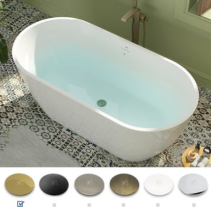 FerdY 59" Bali Elite Acrylic Freestanding Bathtub, Gracefully Shaped Freestanding Soaking Bathtub, cUPC Certified, Toe-Tap Polished Gold Drain and Minimalist Linear Design Overflow Included