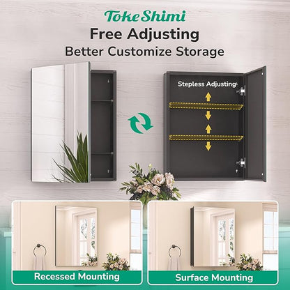 TokeShimi 16 x 20 Surface Mount Medicine Cabinet Aluminum, Tempered Frameless Bathroom Mirror with Storage Adjustable, Black Recessed Medicine Cabinet with Mirrored for Bathroom Farmhouse