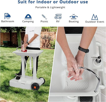 VINGLI 30L Upgraded Portable Sink| Rolling Hand Wash Basin Stand with Towel Holder & Soap Dispenser & Wheels, Perfect for Garden/Camping/Outdoor Events/Gatherings/Worksite/RV/Indoor, White