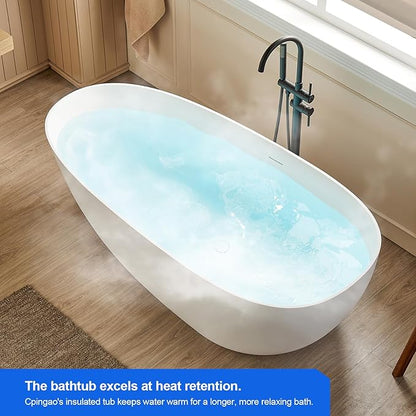 Cpingao 59" Freestanding Matte White Stone Resin Soaking Bathtub Modern Stand Alone Tub with Drain and Overflow, 8848-1500