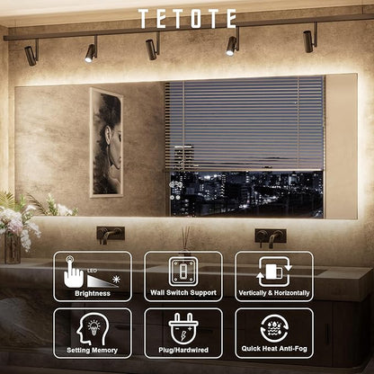 TETOTE 24 x 36 Inch LED Backlit Bathroom Mirror with Lights, 3Color White/Warm/Natural, Anti-Fog Lighted Mirror,Dimmable,Vanity Mirror,Wall Mounted