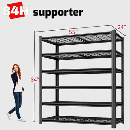 6 Tier Metal Shelving Unit, Adjustable Storage Shelves, 84" H x 55" W x 24" D Heavy Duty Garage Shelves for Warehouse, Basement, Kitchen, Pantry, Living Room, Black (6T 84 * 55 * 24)