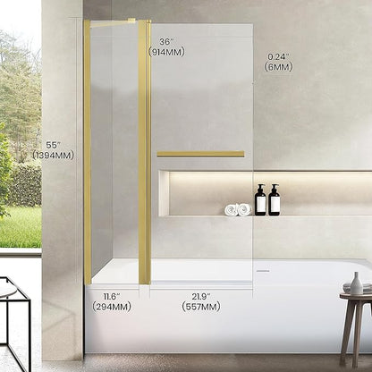 Bathroom Pivot Tub Glass Door 36" W*55" H, Folding Bathtub Shower Door Screen with Tempered Glass, Frameless Glass Shower Door with Handle and Support Rod in Brushed Gold