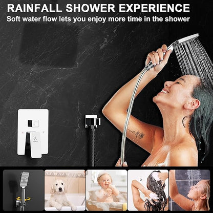 Rain Shower System 10IN Modern Brass Faucet Set With Valve and Diverter Shower Mixer With Handheld High Pressure Square Rainfall Shower Valve (10'' Wall Mount, Chrome Polished)