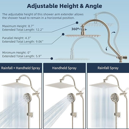 Hibbent 12'' All Metal CUPC Certified Shower Head, High Pressure Rainfall Shower Head, Handheld Showerhead Combo, 12'' Adjustable Extension Arm, 10-Spray, 71'' Hose, Showerhead Holder, Brushed Nickel