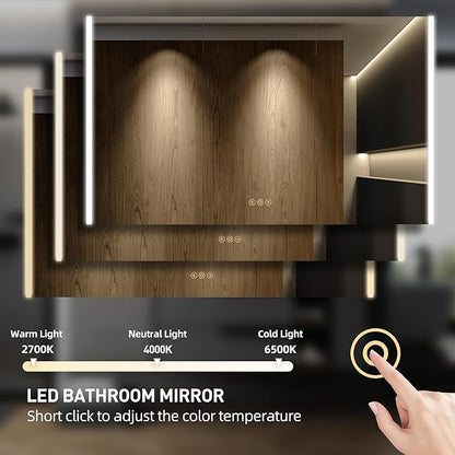 Medicine Cabinet with LED Lights and Mirror, 60 x 32 Inch Surface or Recessed Mounted Bathroom Cabinets with Door, Defogger, Memory Function, 3-Color Mode, Outlet&USB, Dimmer, Storage Shelf