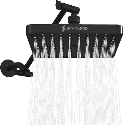 SparkPod Square Rain Shower Head with Shower Head Extension Arm - High Pressure Rain - Luxury Modern Look - No Hassle Tool-less 1-Min Installation (11" Shower Arm Extension, Midnight Black Matte)