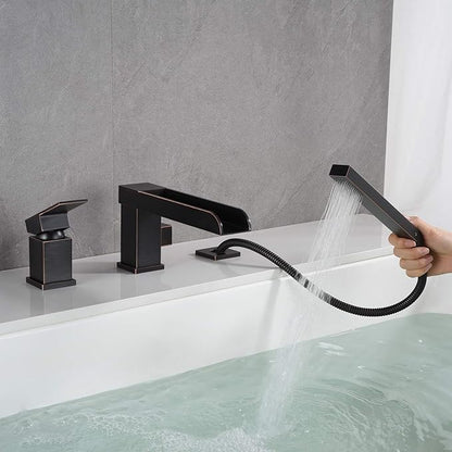 Waterfall Roman Tub Faucets Deck Mount Oil Rubbed Bronze Bathtub Faucets Brass Tub Filler Bathroom Faucets with Hand Shower