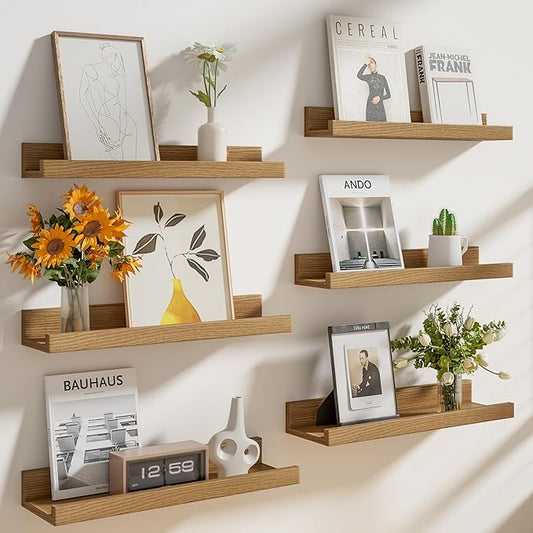 Heimlove Floating Shelves Set of 6, 24" Wall Mounted Picture Ledge, Display Shelf Organizer for Decor Storage, Wall Mounted Shelves for Living Room, Bedroom, Bathroom, Kitchen (Oak)