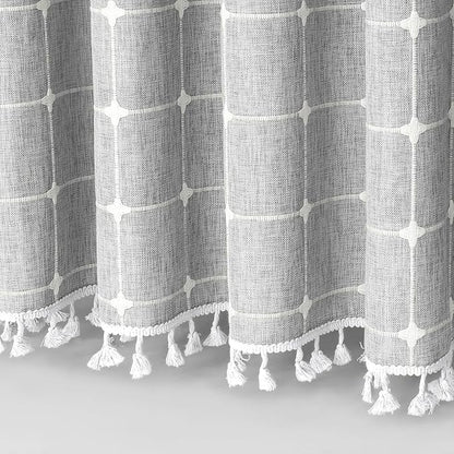MitoVilla Grey Boho Extra Long Shower Curtain 72 x 84, Light Grey Modern Farmhouse 84 inch XL Polyester Linen Texture Tassel Fabric Shower Curtain Set with Hooks for Cottagecore Country Bathroom Decor