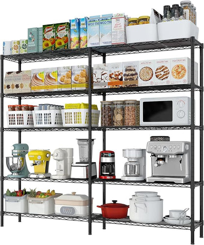 5 Tier Storage Racks Shelving, Heavy Steel Pantry Shelves, Adjustable Wire Shelving Rack, Suitable for Garage, Kitchens, Offices, 69.7" W x 16" D x 71" H, Black