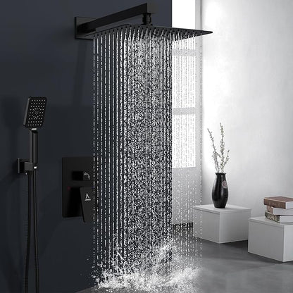 Rain Shower System 10IN Modern Brass Faucet Set With Valve and Diverter Shower Mixer With Handheld High Pressure Square Rainfall Shower Valve (10'' Wall Mount, Matte Black)