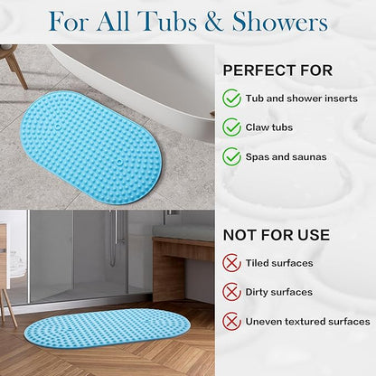 Silicone Bathtub & Shower Mat Non Slip, Bubble Massage Anti Slip Shower Floor Mat with 27 x 15 Inches for Easy Storage, Machine Washable Bath Mat for Tub with All Ages, Blue, Oval