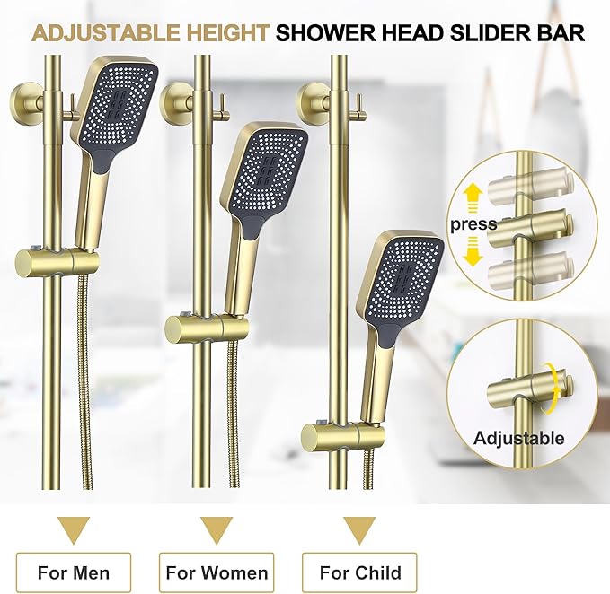 Shower Systems with 12 x8 Inches Rain Shower Head,Brushed Gold Exposed Pipe Shower System,3 Functions Tub Shower Faucet Sets,Overhead Shower System with Handheld