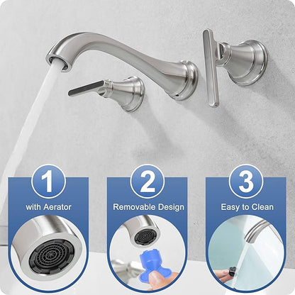 Brass Wall Mount Tub Filler, High Flow 8" Spout Reach Brushed Nickel Bathtub Faucet, 2 Handles Tub Faucets, Rough in Valve Included
