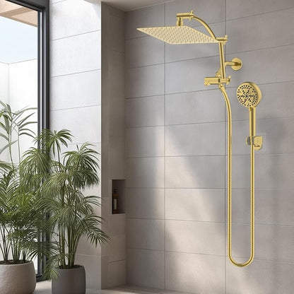 Hibbent All Metal Shower Head, 10'' High Pressure Rain Shower Head, Handheld Showerhead Combo with 16'' Adjustable Shower Extension Arm, 10 Sprays, 71'' Hose, Adhesive Showerhead Holder, Brushed Gold