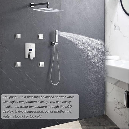 Shower Faucet Set Polished Chrome Shower System Luxury 12 Inch Wall Mounted Full Body Shower System with Body Jets and Handheld Spray, Water Temperature Display Shower Fixtures