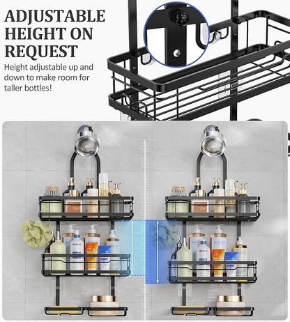 OMAIRA Shower Caddy Hanging with Soap Scrub Holder, Stainless Steel Adjustable No Drilling Non-Slip Large Capacity Sturdy Over Shower Head Shower Organizer Inside Shelves Bathroom Storage Rack, Black