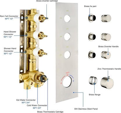 3 Way Shower Diverter Valve - Brushed Nickel, 3 Function Thermostatic Mixer Brass Valve with Individual On/Off Flow Control, Ideal for Shower Arm & Shower Kit