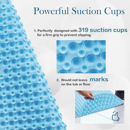 Silicone Bathtub & Shower Mat Non Slip, Bubble Massage Anti Slip Shower Floor Mat with 27 x 15 Inches for Easy Storage, Machine Washable Bath Mat for Tub with All Ages, Blue, Oval