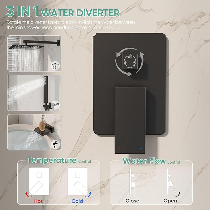 Black Tub Shower System, All Metal Tub Shower Faucet Set with 12" Rain Shower Head and Handheld Spray combo, Wall Mounted Shower Systems with Tub Spout, Valve and Trim Kit, Matte Black