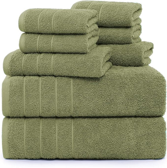 Casa Platino 100% Cotton 8 Piece Bath Towel Set - Ring Spun, Quick Dry, Super Soft & Highly Absorbent - 2 Bath, 4 Washcloths, 2 Bathroom Hand Towels - Hotel Quality Bathroom Towel Set - Oil Green