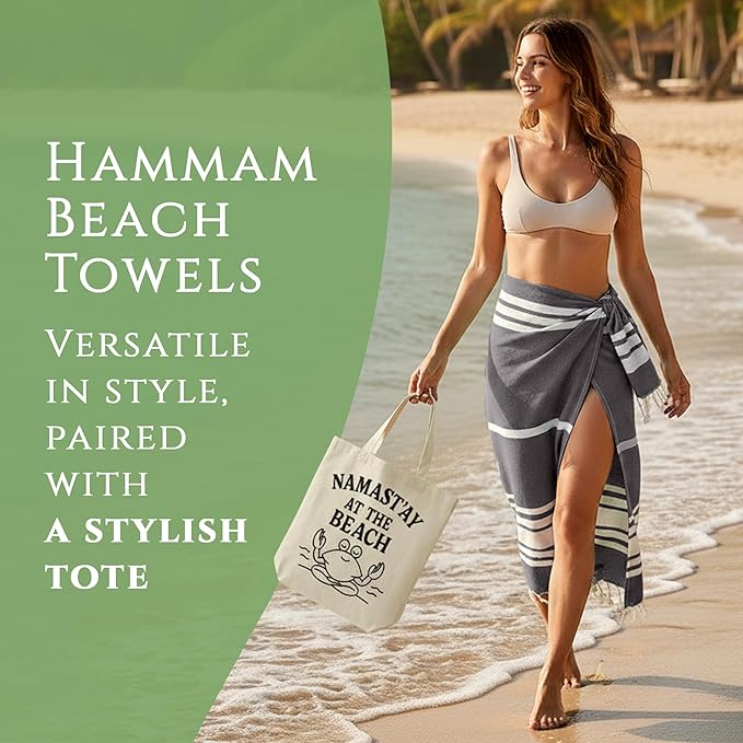 Turkish Cotton Beach Towel Pack of 6 & 1 Boho Tote Bag - Hammam Towels - No Shrink - Quick Dry - Lightweight - Sand Free - Camping - Pool - Tanning - Beach Essentials - Gray (40"x70")