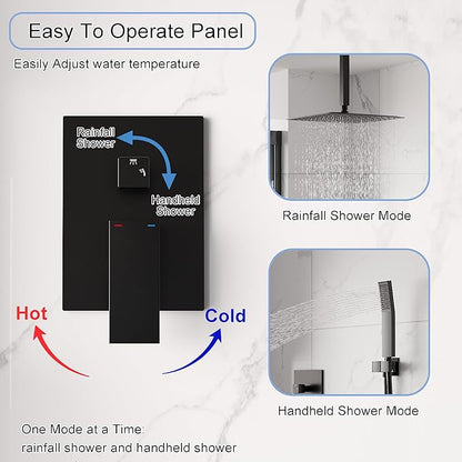 WELLFOR 12-In Ceiling Mount Shower System with Single Handle, Pressure-balanced Valve Included, Waterfall Dual Head Shower Head System, Rain Shower System, Shower Faucet Trim Kits, Matte Black