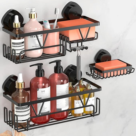 KEGII Shower Caddy Suction Cup, 3 Pack Removable Shower Shelves with Hooks & Soap Holder, No Drilling Bathroom Organizer, Waterproof Suction Storage for Inside Shower, Black