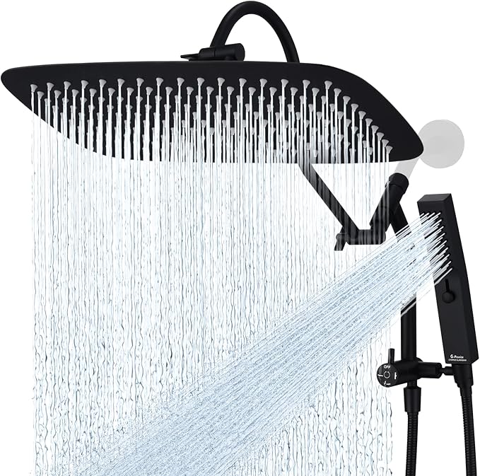 G-Promise All Metal 16 Inch Shower Head with Massage Mode Handheld, Rain Shower Head with Handheld Spray Combo, 3-Way Diverter with Pause Setting, 13 Inch Adjustable Extension Arm (Matte Black)