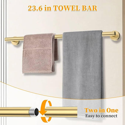 Brushed Gold Towel Bar Set 5 Pieces Round Bathroom Hardware Set Includes 23.6in Towel Bar Towel Ring Toilet Paper Holder Towel Hooks Stainless Steel Wall-Mounted Bathroom Towel Holder Set