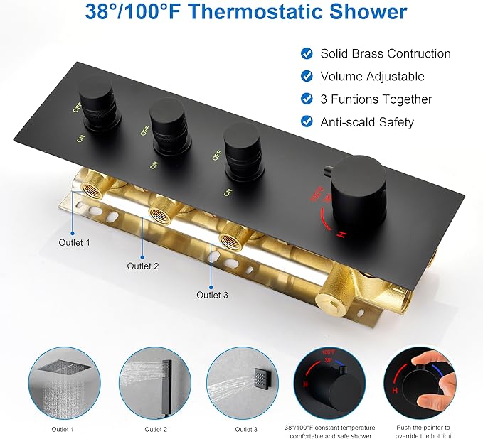 Matte Black 3 Way Shower Diverter Valve - 3 Function Thermostatic Mixer Brass Valve with Individual On/Off Flow Control for Shower Arm & Shower Kit