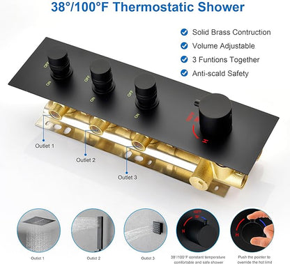Matte Black 3 Way Shower Diverter Valve - 3 Function Thermostatic Mixer Brass Valve with Individual On/Off Flow Control for Shower Arm & Shower Kit