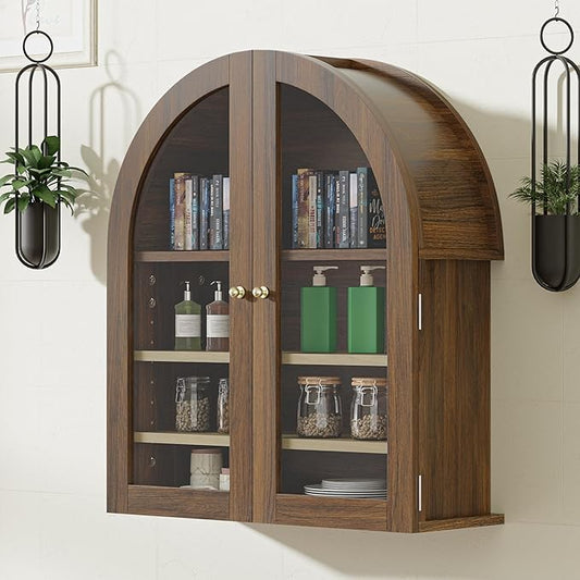 HOACT Arch Bathroom Wall Cabinet with Glass Door, 23.6" Medicine Cabinet with Adjustable Shelves, Natural Above Toilet Storage Cabinet for Kitchen, Laundry Room, Bedroom, Walnut