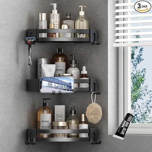 VOLPONE 3-Pack Black Triangle Shower Caddy, 3-Tier Corner Shelves, Rustproof Shower Storage Rack, Drill Free Wall Mount Shower Organizer, 40lbs Load Capacity