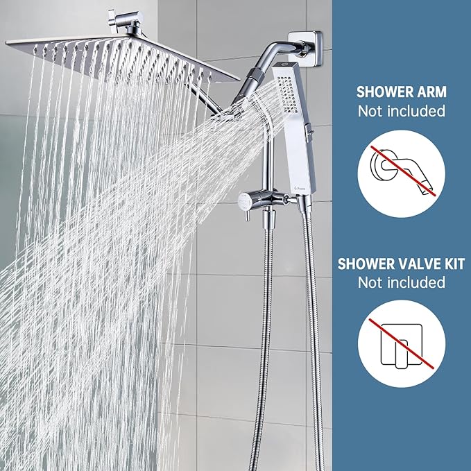 G-Promise All Metal 10 Inches Rain Shower Head with Handheld Built-in Power Wash Mode, 3-way Diverter with Pause Setting, 11 Inches Adjustable Extension Arm with Lock Joint, Long Hose (Chrome)