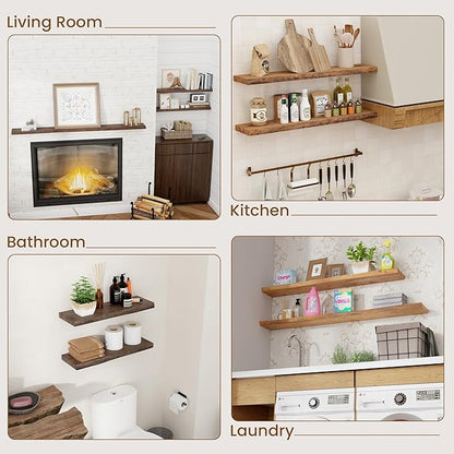Floating Shelves for Wall Decor, 8" Deep Rustic Solid Elm Wood Floating Shelves Wall Mounted, Wall Shelves with Invisible Bracket for Living Room Bathroom Bedroom Kitchen, 20 Inch Set of 2, Natural