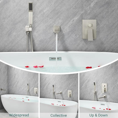 DASAN Swiveling Wall Mount Tub Filler Faucet Set with Hand Held Shower, Brushed Nickel Modern Creative Bathtub Faucet Wall Mounted Bath Tub Faucet with High Flow Rough in Valve, SA-TF05WH-BN