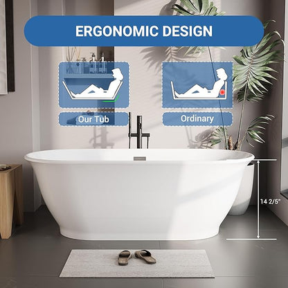 Freestanding Bathtub, 67 Inch Acrylic Soaking Tub, Elliptical Design with Chrome Drain & Overflow, White Finish for Contemporary Bathrooms