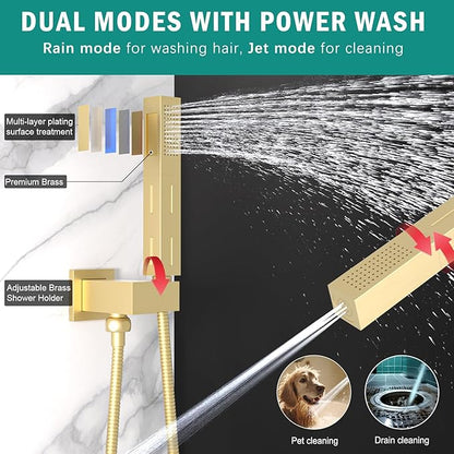 ENGA Shower Faucet Set, Dual Head Shower System 10" & 6" Square Rain Shower Heads with 2 in 1 Handheld Spray, 3 Way Water Diverter, Brushed Gold