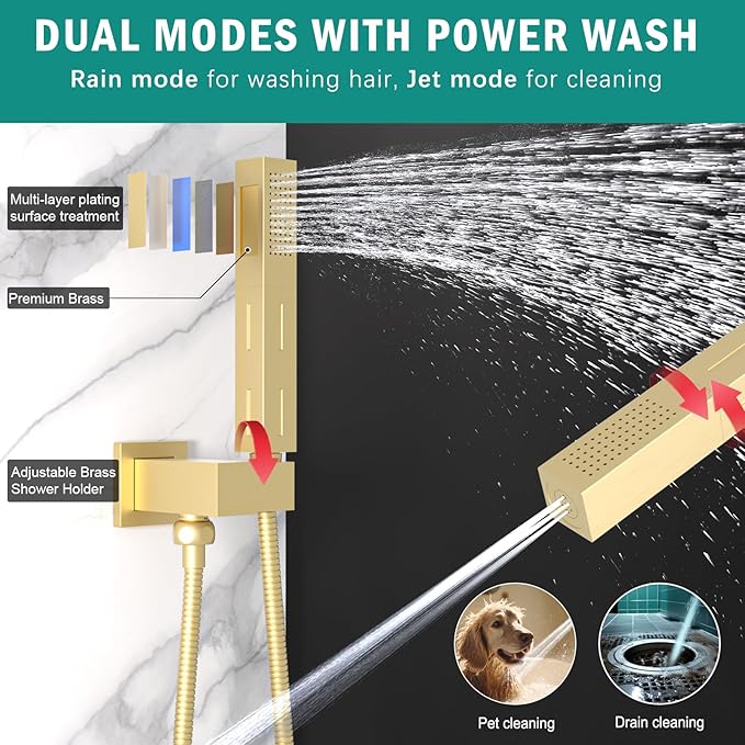 ENGA Shower System with Tub Spout, Bathtub Shower Faucet Combo Set - 10" & 6" Square Rain Shower Heads with 2 in 1 Handheld Spray, 4 Way Water Diverter, Brushed Gold
