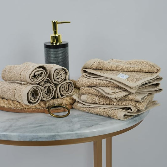 Tens Towels Pack of 24 Washcloths, 12 x 12 Inches, Lighter Weight, Quick to Dry, Super Soft & Absorbent, Gentle Face Towels, Hotel Quality, Perfect for Bathroom, Gym, Spa (Beige, 24 Pack)