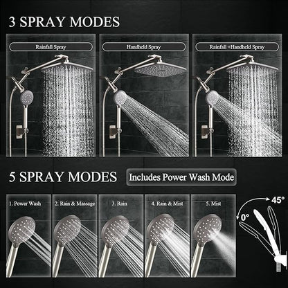 Veken 11.8" Rain Shower Head with Handheld, High Pressure Handheld Shower Heads with Multi Spray Modes,Rainfall Combo with 15" Metal Extension Arm,Detachable Dual Shower,Long 6 ft. Hose,Brushed Nickel
