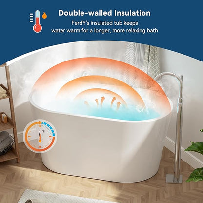 FerdY Shangri-La 47" Acrylic Freestanding Bathtub, Small Classic Oval Shape Acrylic Soaking Bathtub with White Drain & Minimalist Linear Design Overflow, Modern White, cUPC Certified