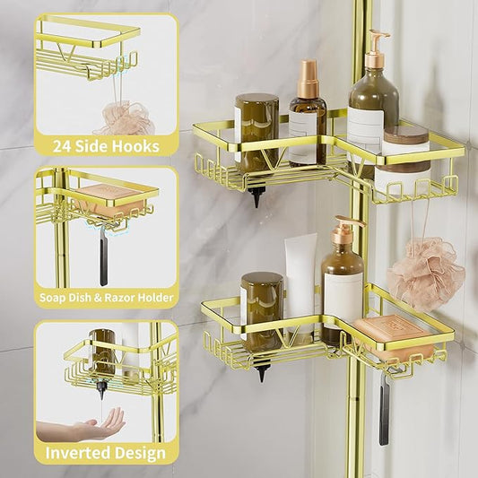 KEGII Corner Gold Shower Caddy Tension Pole - 4-Tier Rustproof Shower Rod Organizer, Floor to Ceiling Tension Rod 25-114.2 inch, Stainless Steel Corner Shower Shelf, Waterproof