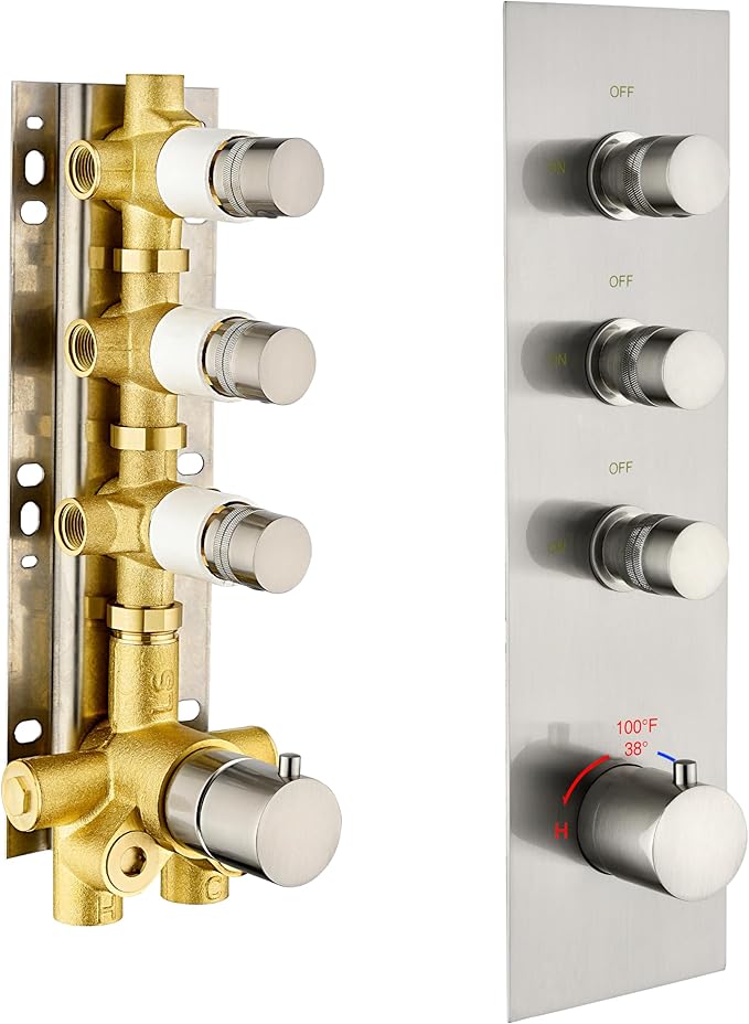 3 Way Shower Diverter Valve - Brushed Nickel, 3 Function Thermostatic Mixer Brass Valve with Individual On/Off Flow Control, Ideal for Shower Arm & Shower Kit