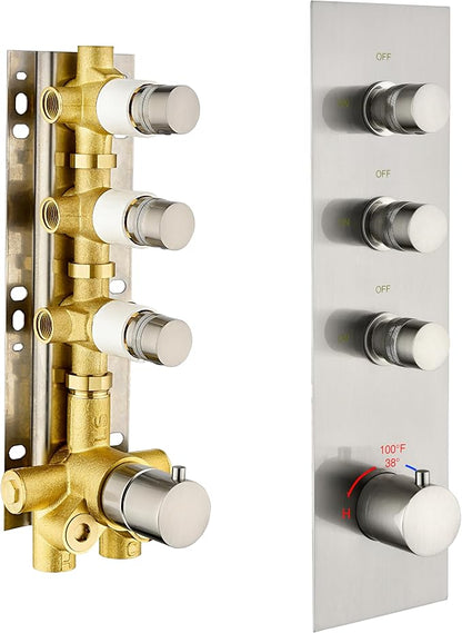 3 Way Shower Diverter Valve - Brushed Nickel, 3 Function Thermostatic Mixer Brass Valve with Individual On/Off Flow Control, Ideal for Shower Arm & Shower Kit