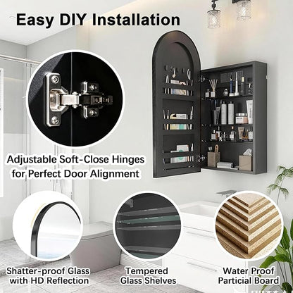 FKWin Black Mirror with Medicine Cabinet and Power Outlet, Easy to Install Bathroom Wall Cabinet for Left or Right Opening, not Recessed, Ample Mirror for Bathroom for Homeowner, Black, 20x34 inch